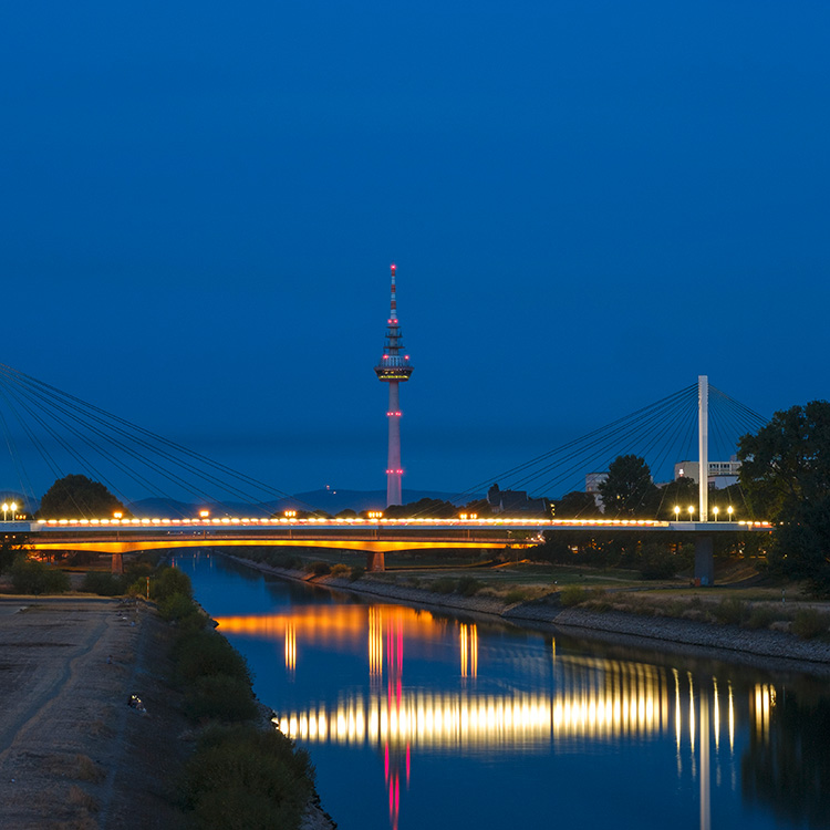 Aufnahme des Fernsehturms Mannheim hinter einer Brücke bei Nacht